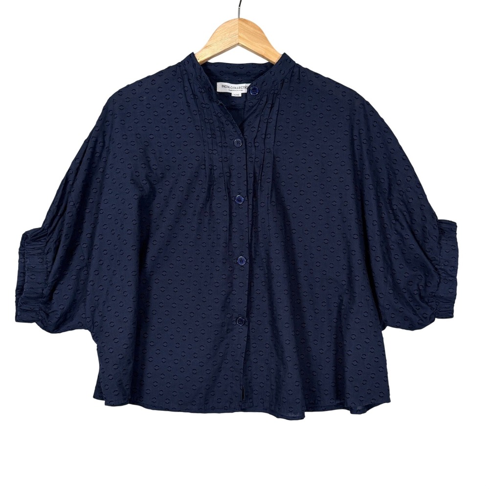 Emerson Fry Mandarin Collar Blouse Women One Size Navy Swiss Dot Button Up